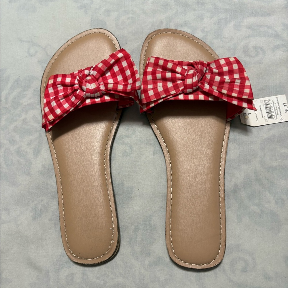 Red Gingham Bow Slide Sandals - Picture 2 of 5